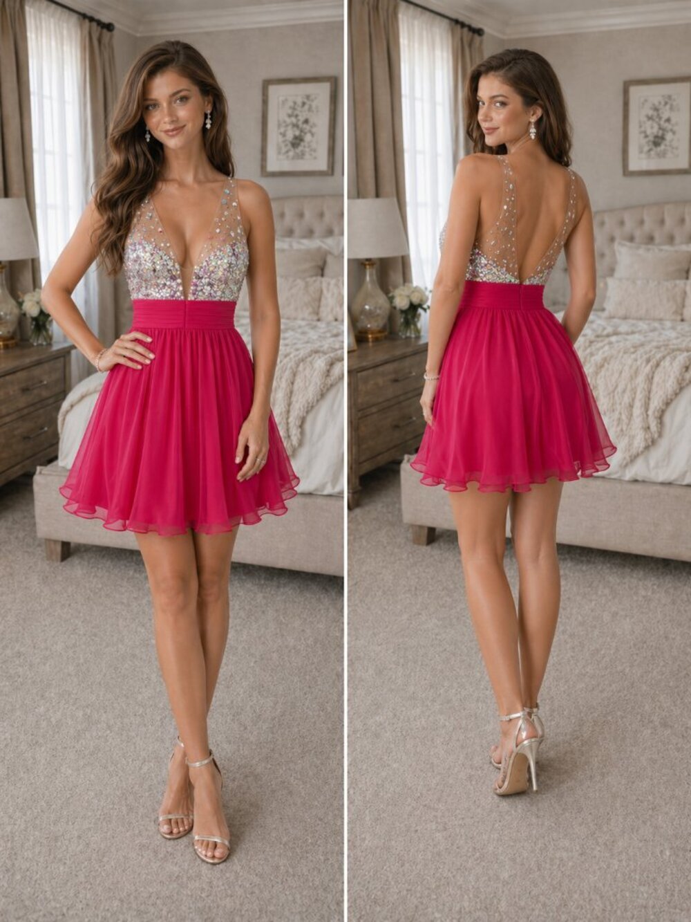 NWT La Femme 19469 Pink Silver Sequin Short Formal Dress $278